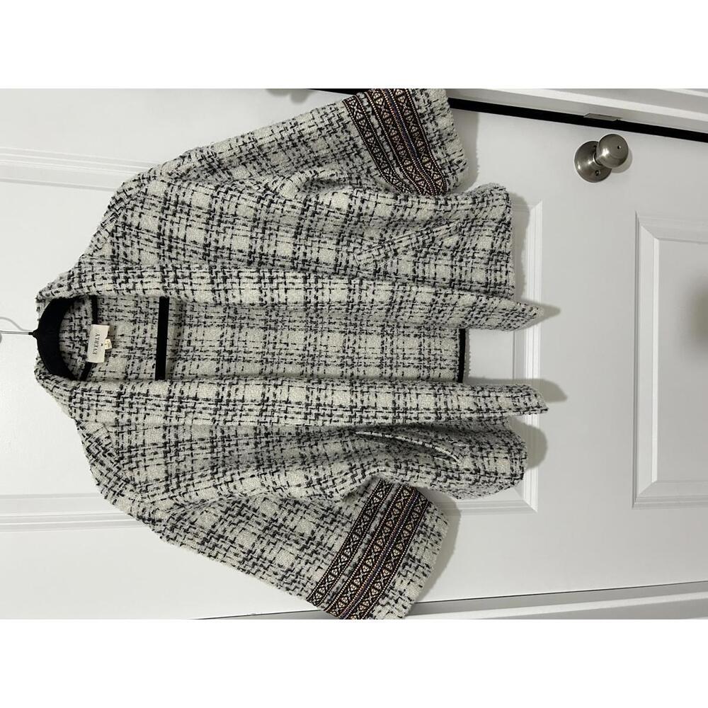 Everly Women's Open Front Tweed Jacket with Embroidered Cuffs Black White Sleeve
